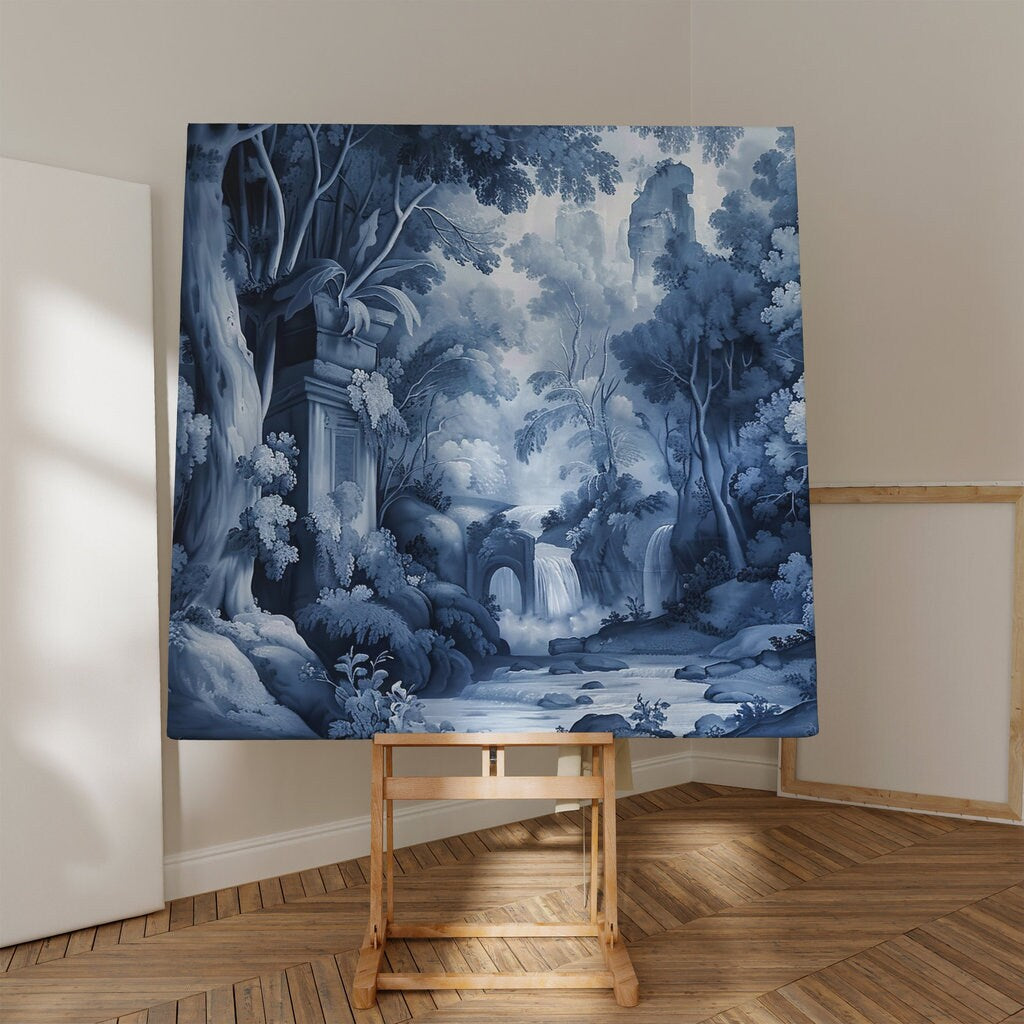 Ethereal Echoes: Blue Monochrome River & Ruins Landscape | Moody & Romantic Wall Art