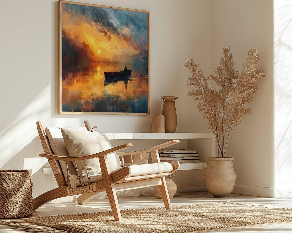 Sunset Solitude: Serene Lone Boat Canvas Art | Tranquil Orange & Blue Lake Decor