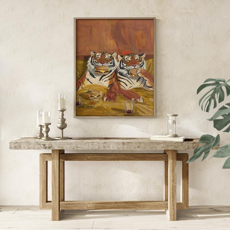 Quirky Tiger Canvas, Burgers and Fries, Warm Tones (Bedroom or Dorm)