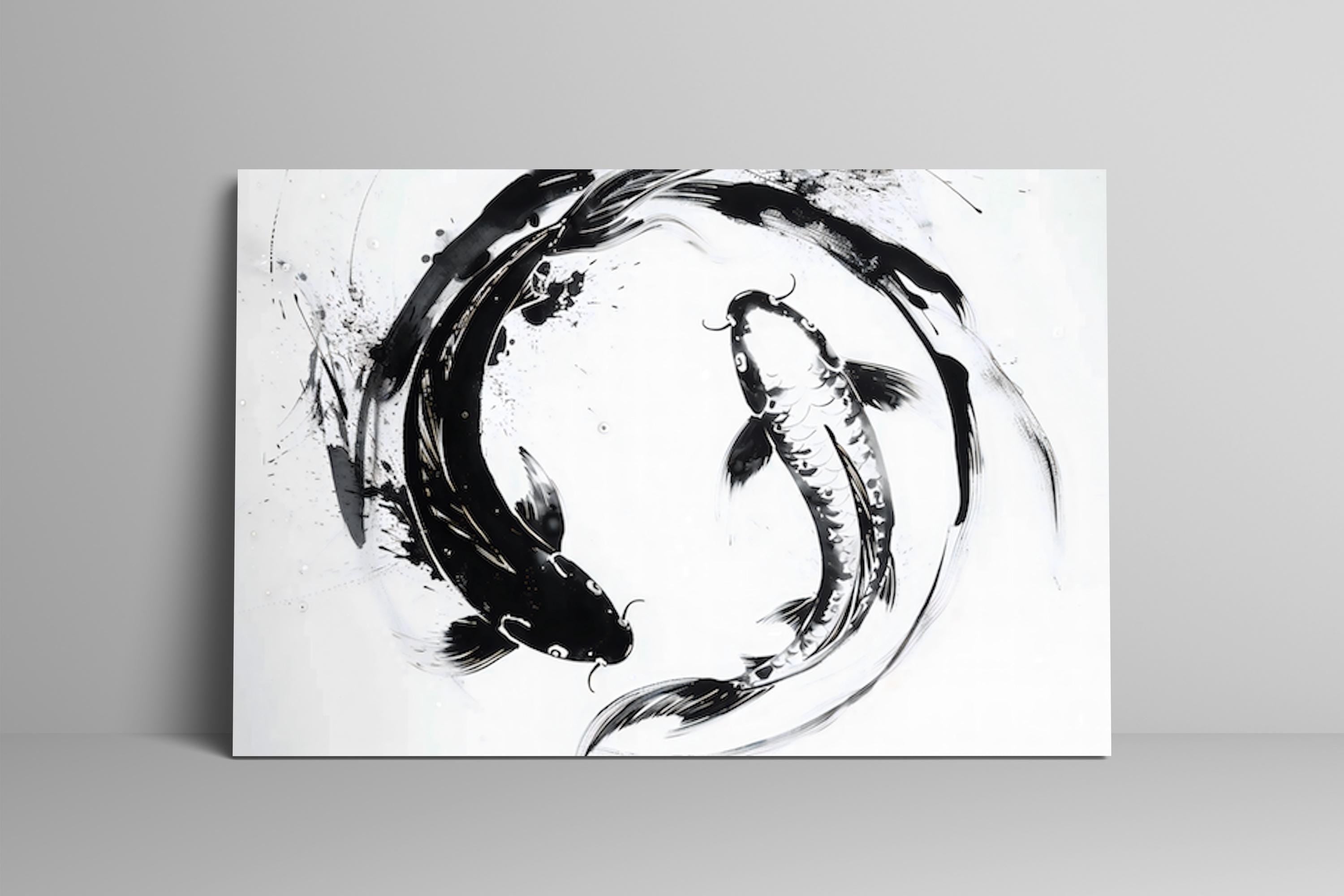 The Dance of Two: Abstract Black & White Koi Fish Art | Modern & Serene Wall Decor