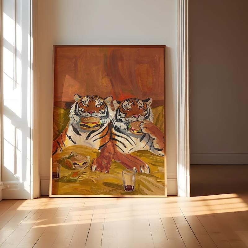 Quirky Tiger Canvas, Burgers and Fries, Warm Tones (Bedroom or Dorm)