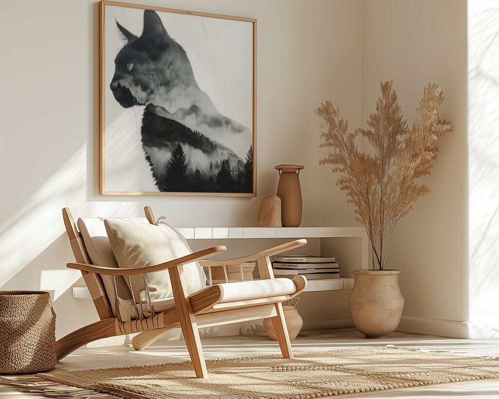Spirit of the Wild: Surreal Cat & Mountain Double Exposure Art | Ethereal Black & White Decor