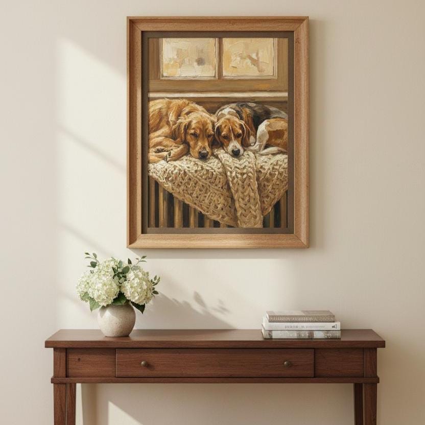 Golden Retriever & Beagle Wall Art: Cozy Rustic Dog Print