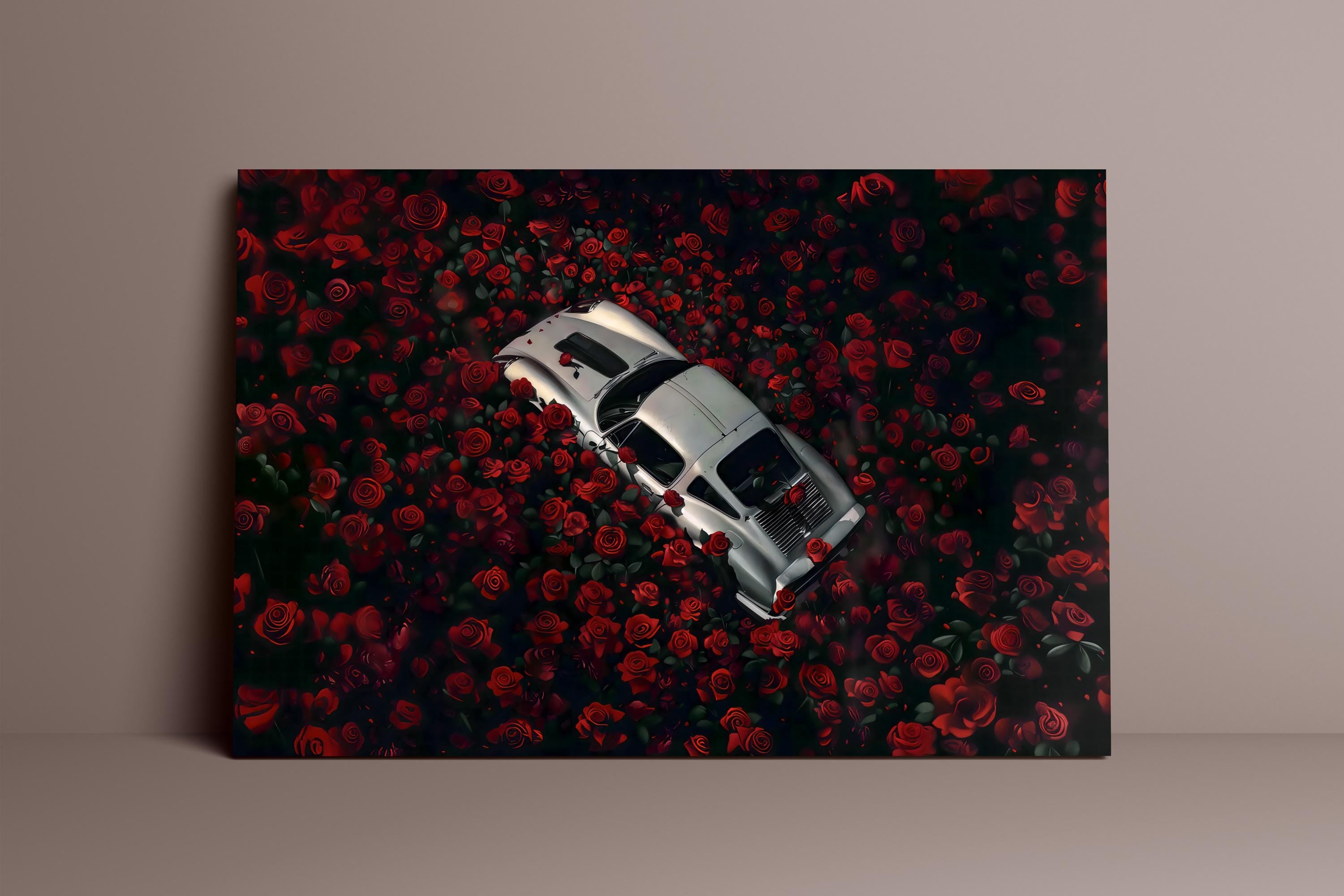 The Last Love Affair: Moody Vintage Car & Red Roses Art | Dark, Romantic & Cinematic Decor