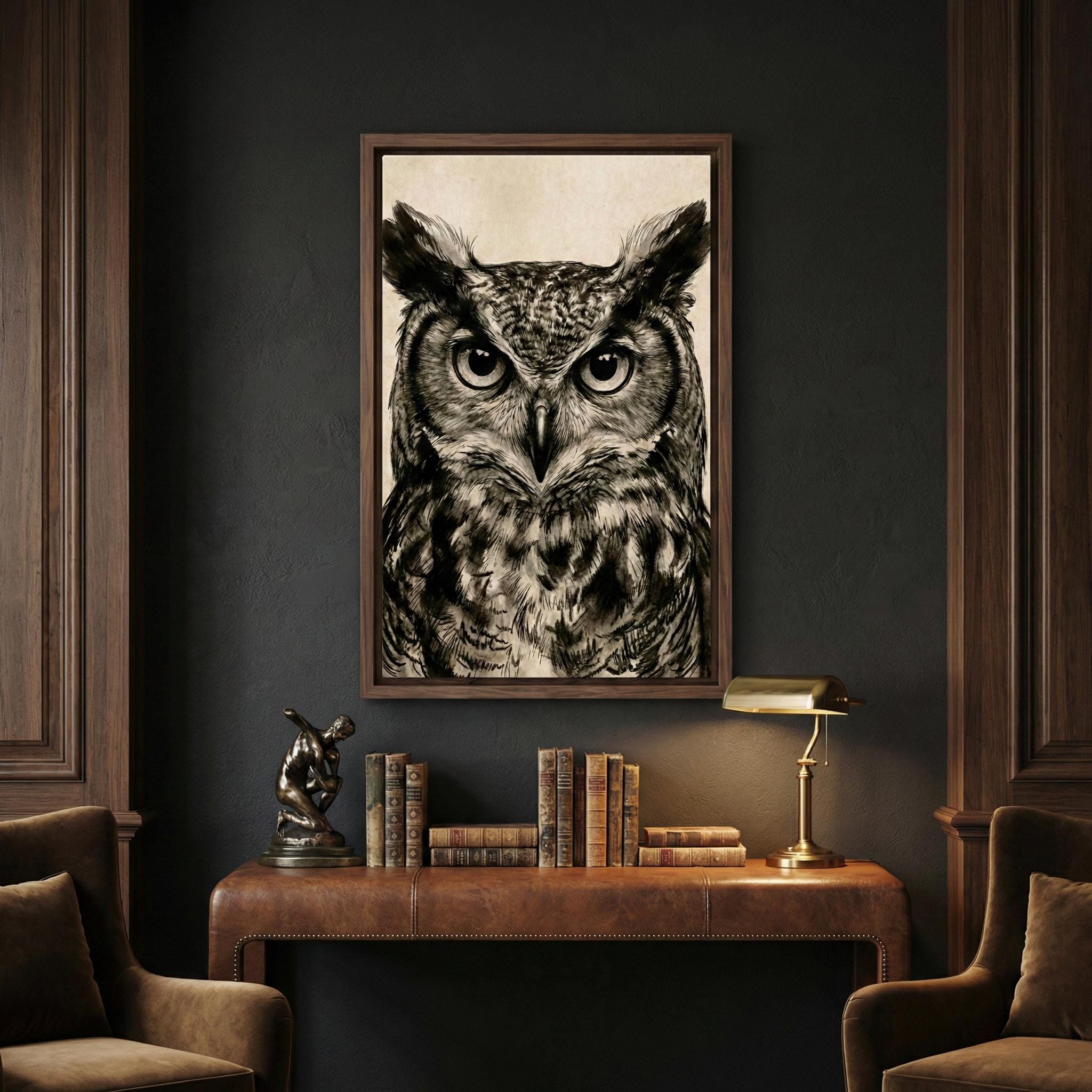 Great Horned Owl Wall Art: Rustic Charcoal Sketch - Nature Inspired
