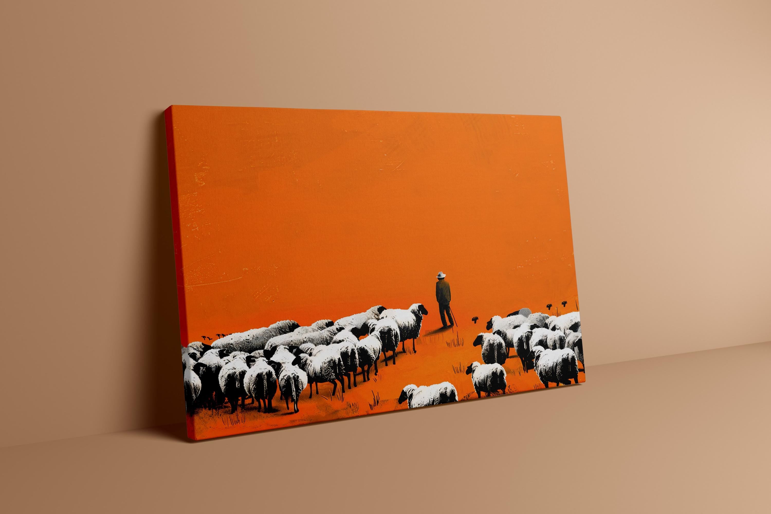 The Shepherd: Minimalist Street Art Style Print | Orange & Black Landscape Decor
