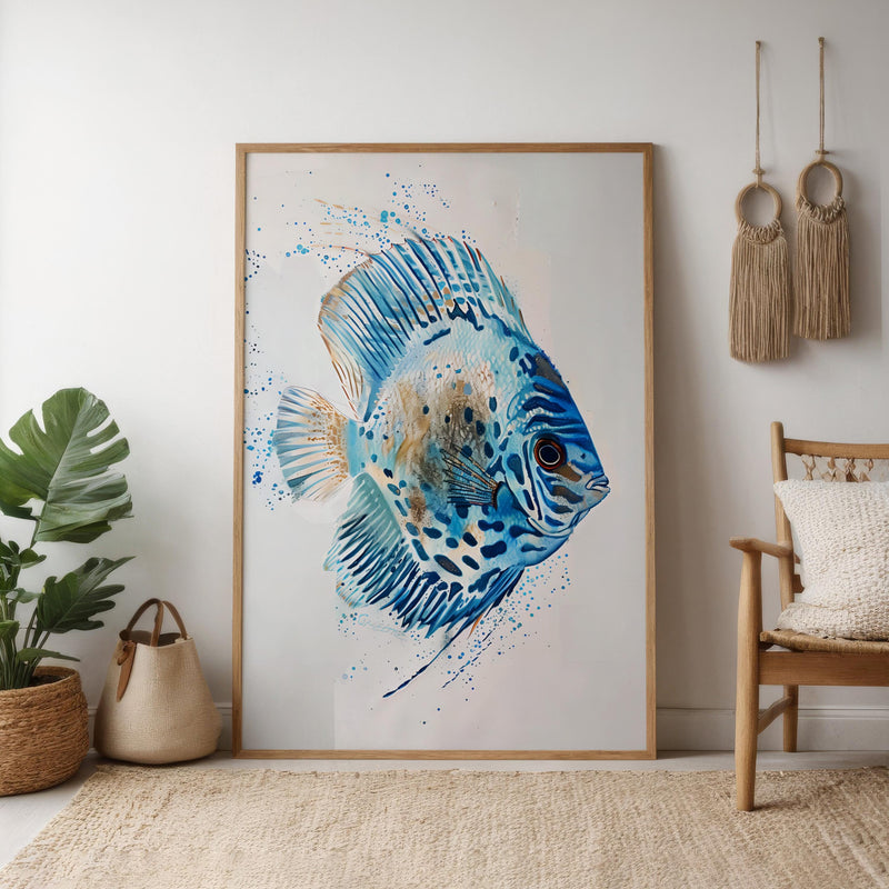 Modern Coastal Art Print - Abstract Discus Fish Blue Ocean Wall Decor for Beach House