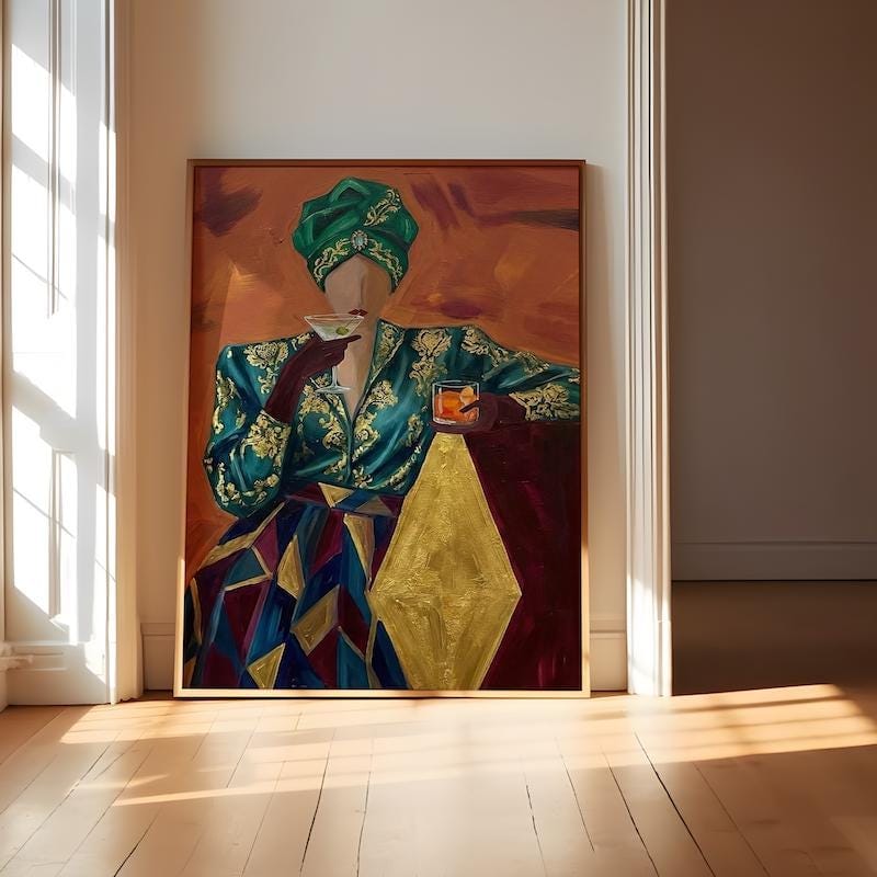 Emerald Turban Cocktail Woman Art - Abstract Vintage Style Print