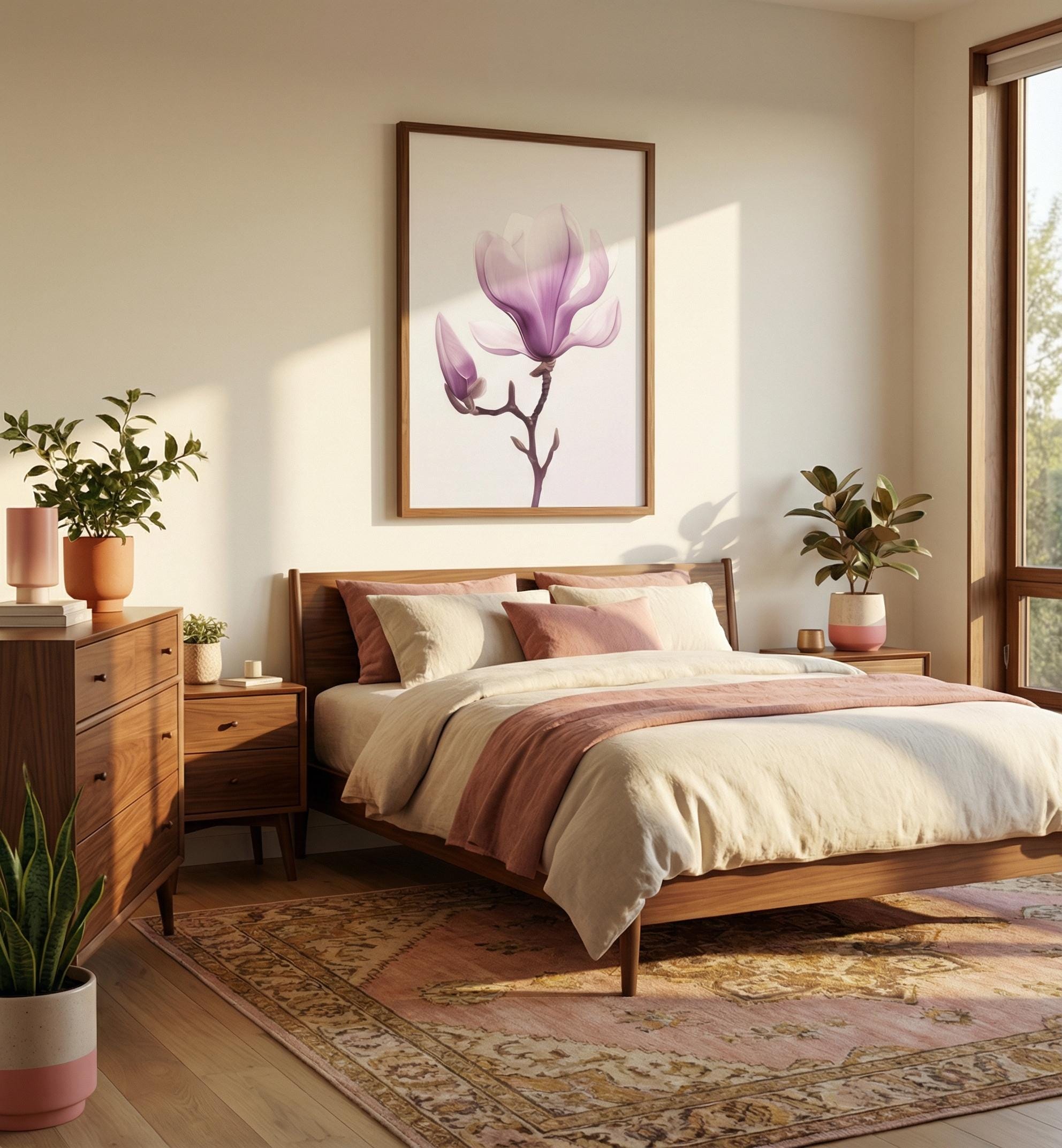 Purple Magnolia Wall Art - Modern Minimalist Flower Decor