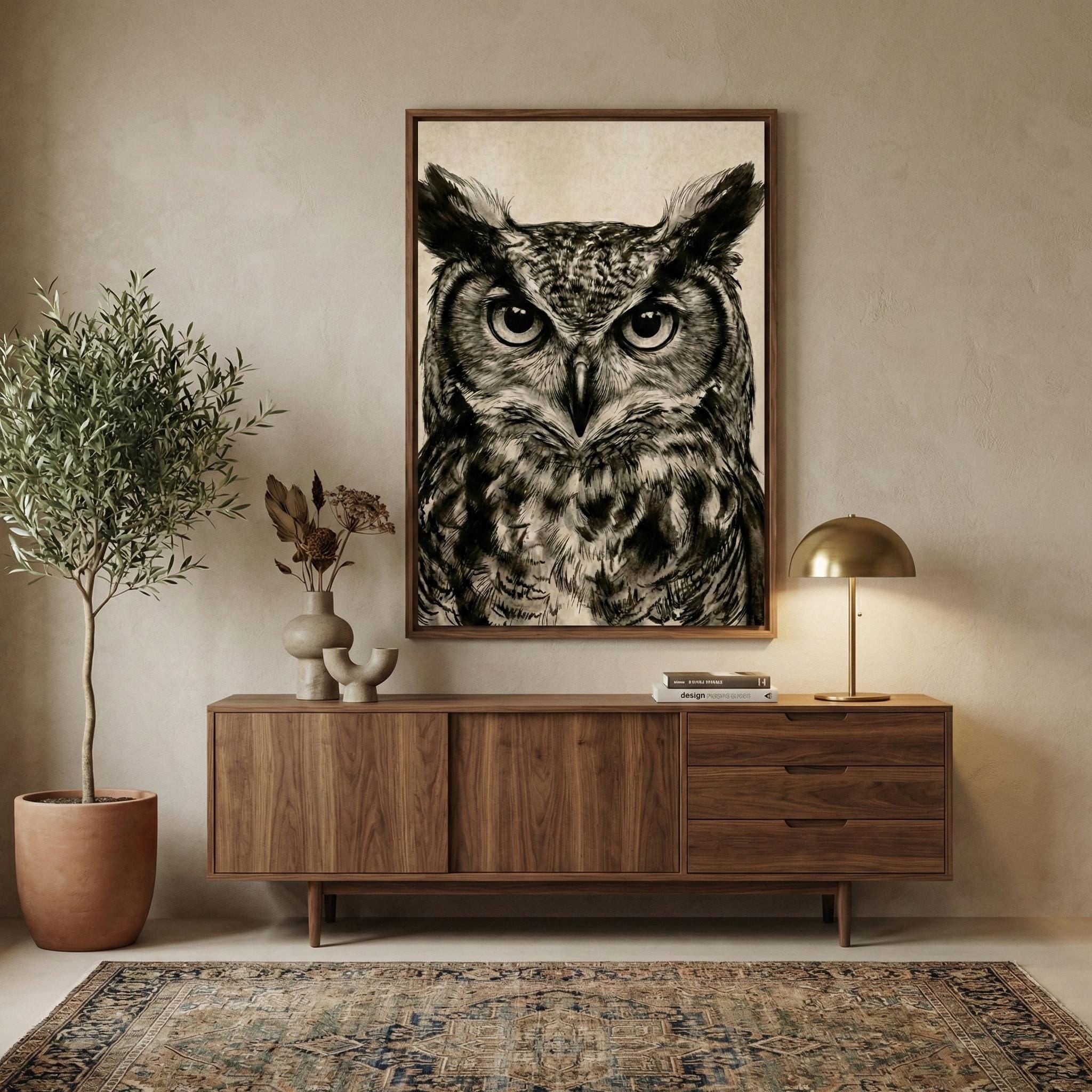 Great Horned Owl Wall Art: Rustic Charcoal Sketch - Nature Inspired