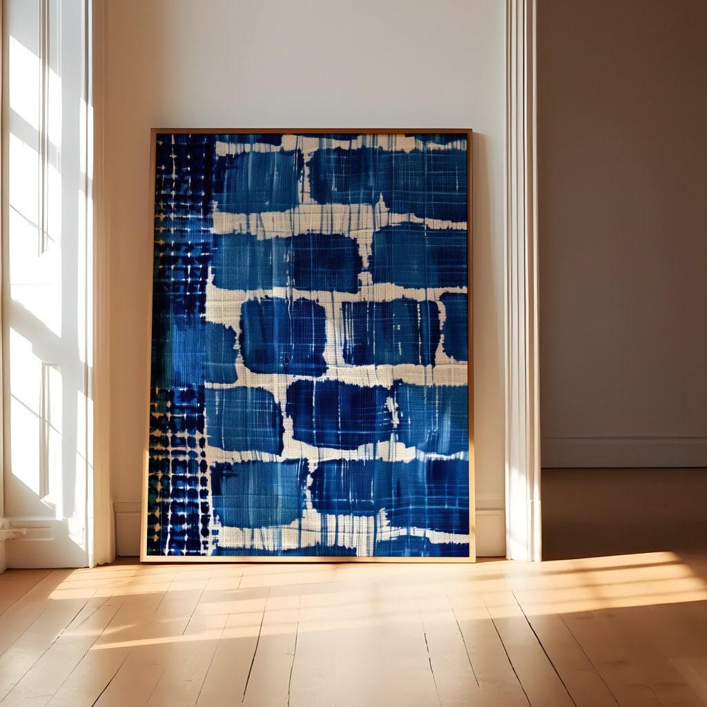 Serene Indigo Flow: Modern Shibori-Inspired Canvas Art | Blue and White Abstract Decor