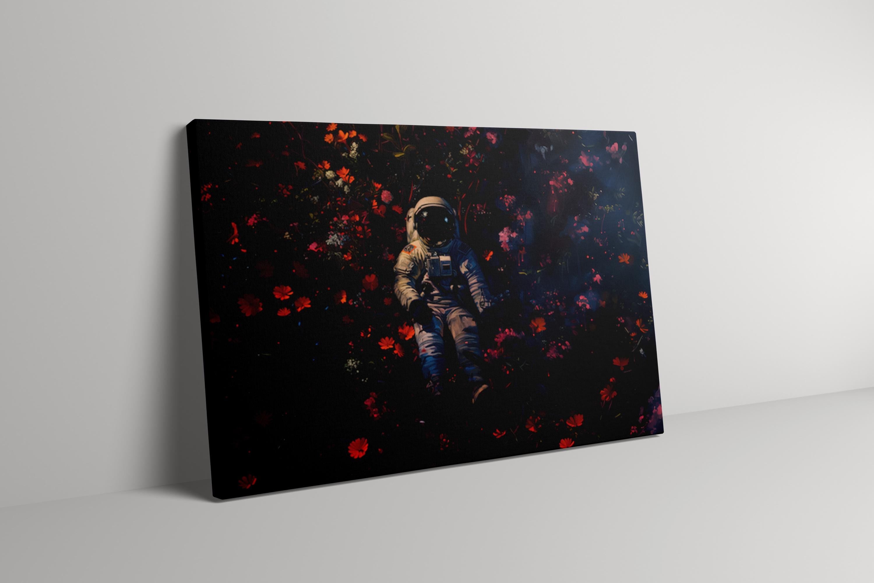 Floral Cosmos: Surreal Astronaut & Flowers Art | Whimsical Space and Nature Decor