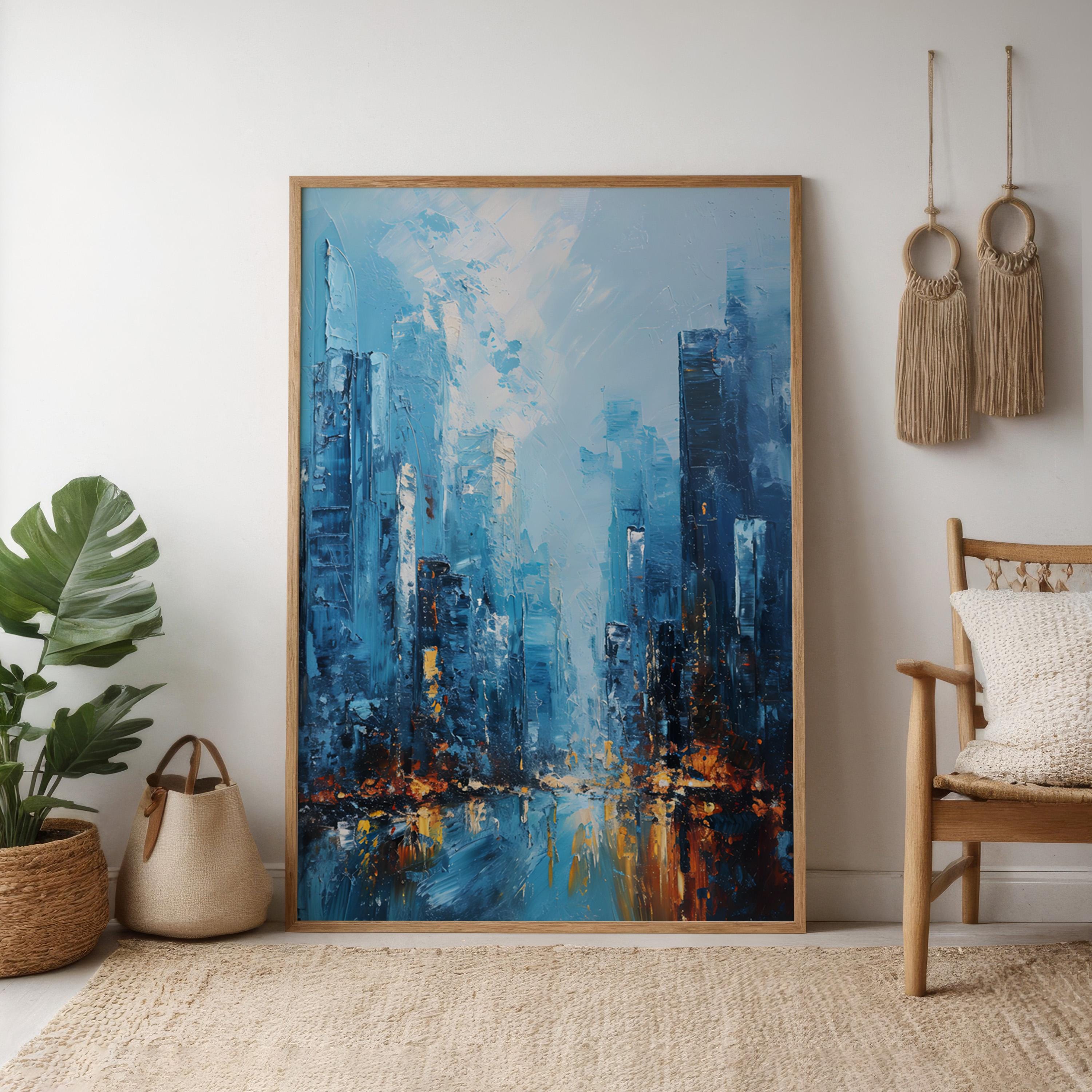 City of Memory: Abstract Impressionist Cityscape | Blue & Gold Urban Wall Art
