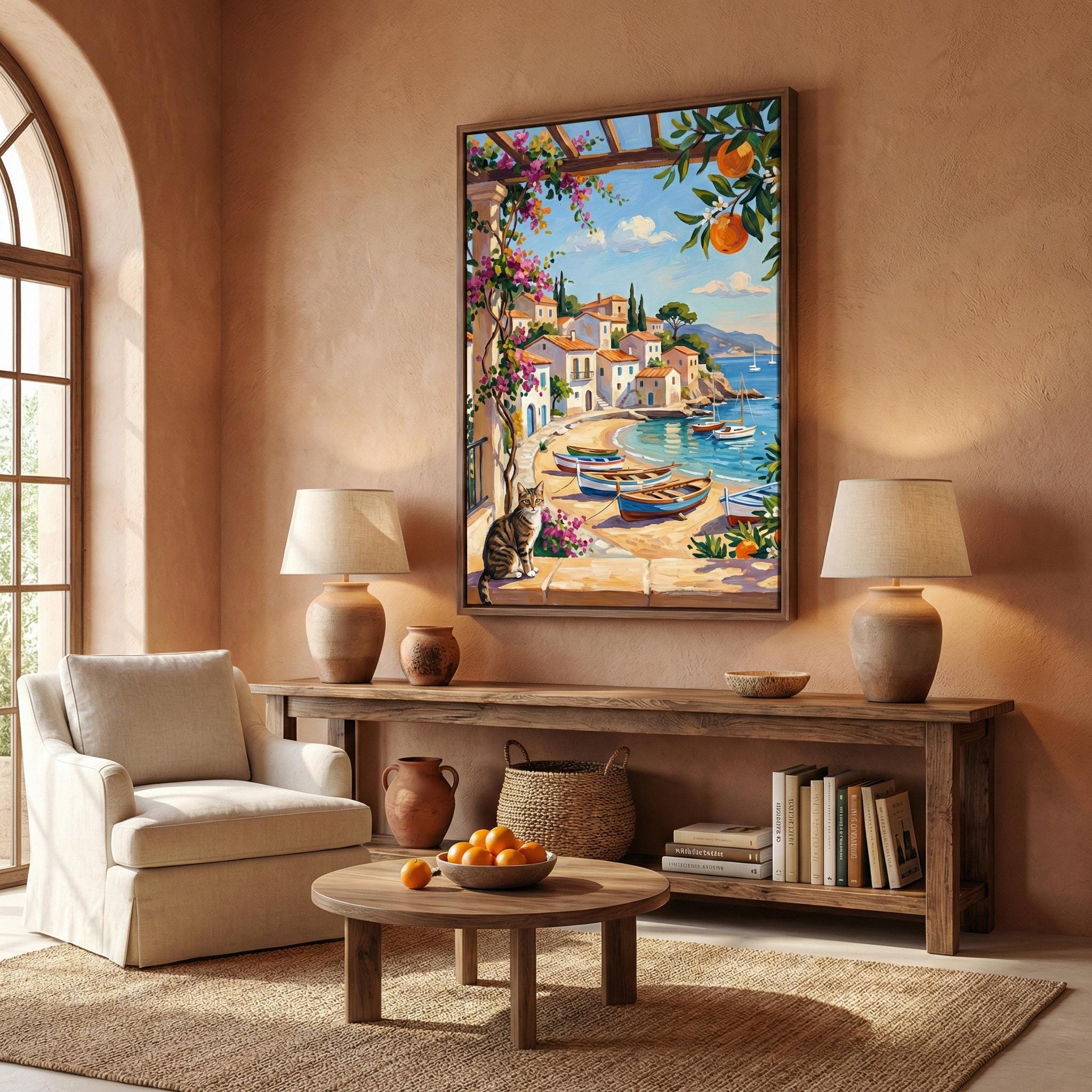 Italian Coastal Wall Art: Mediterranean View with Cat - Vibrant Colors