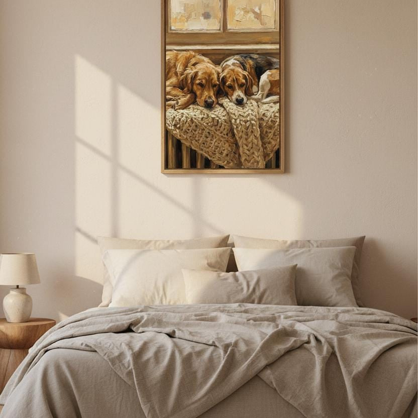 Golden Retriever & Beagle Wall Art: Cozy Rustic Dog Print