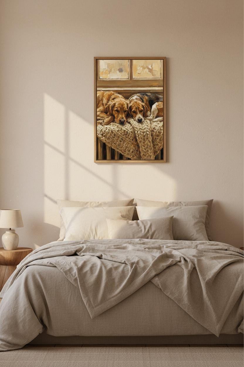Golden Retriever & Beagle Wall Art: Cozy Rustic Dog Print