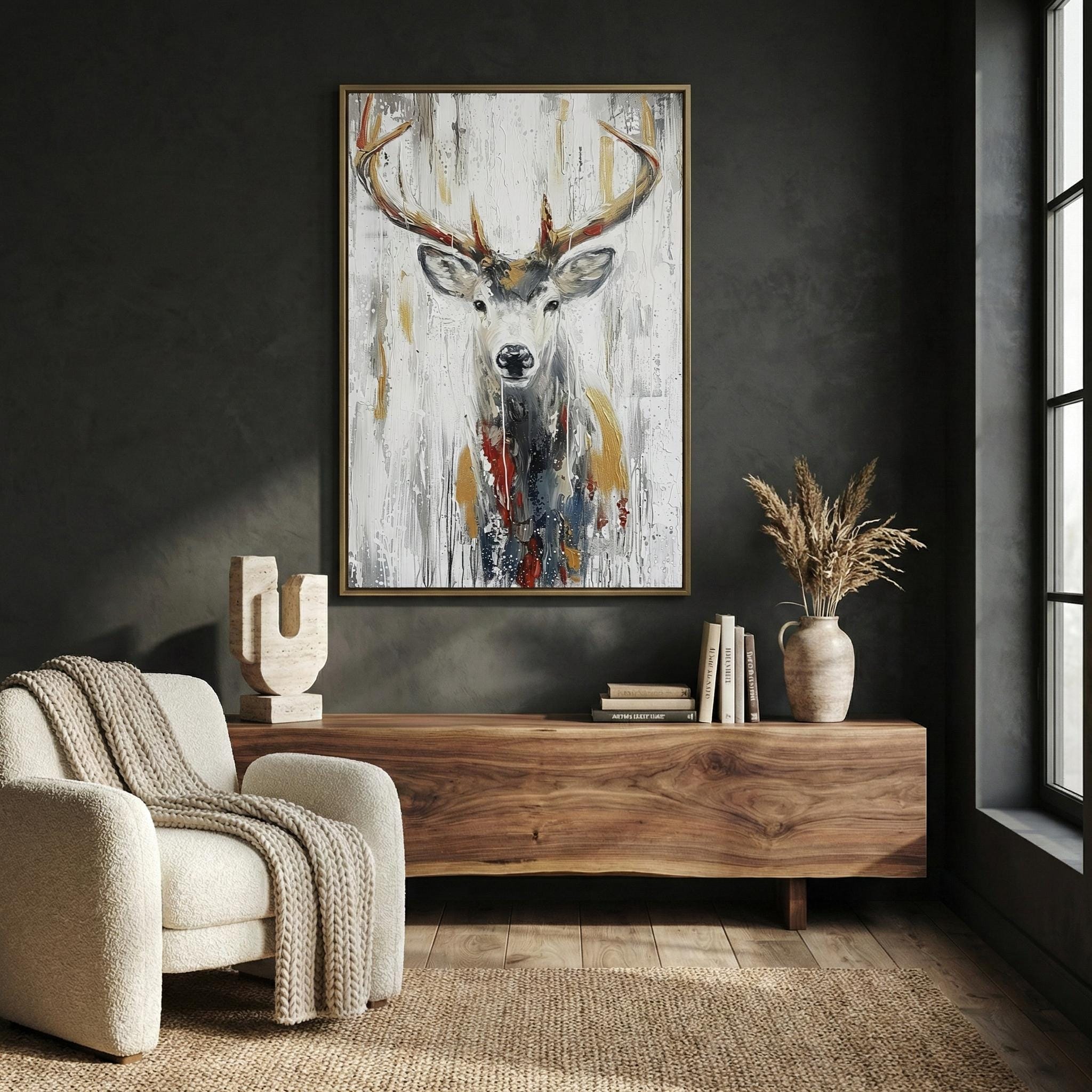 Serene Deer Canvas, Abstract Forest Art (Modern Wall Decor)