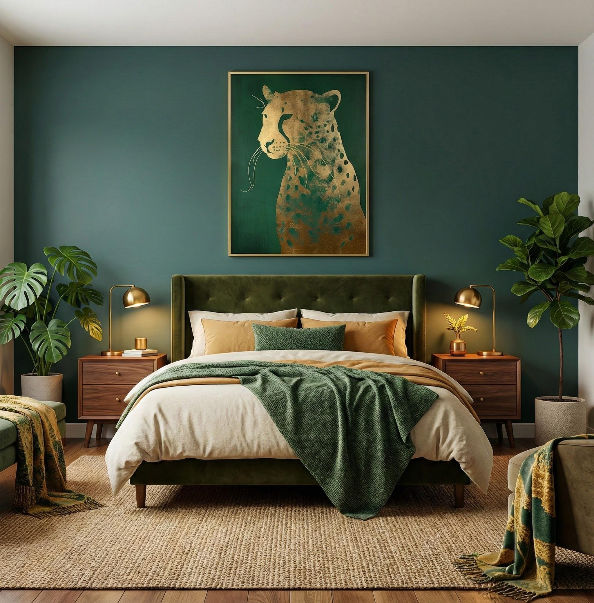 Emerald Green Leopard Canvas, Gold Accents (Ready to Hang)