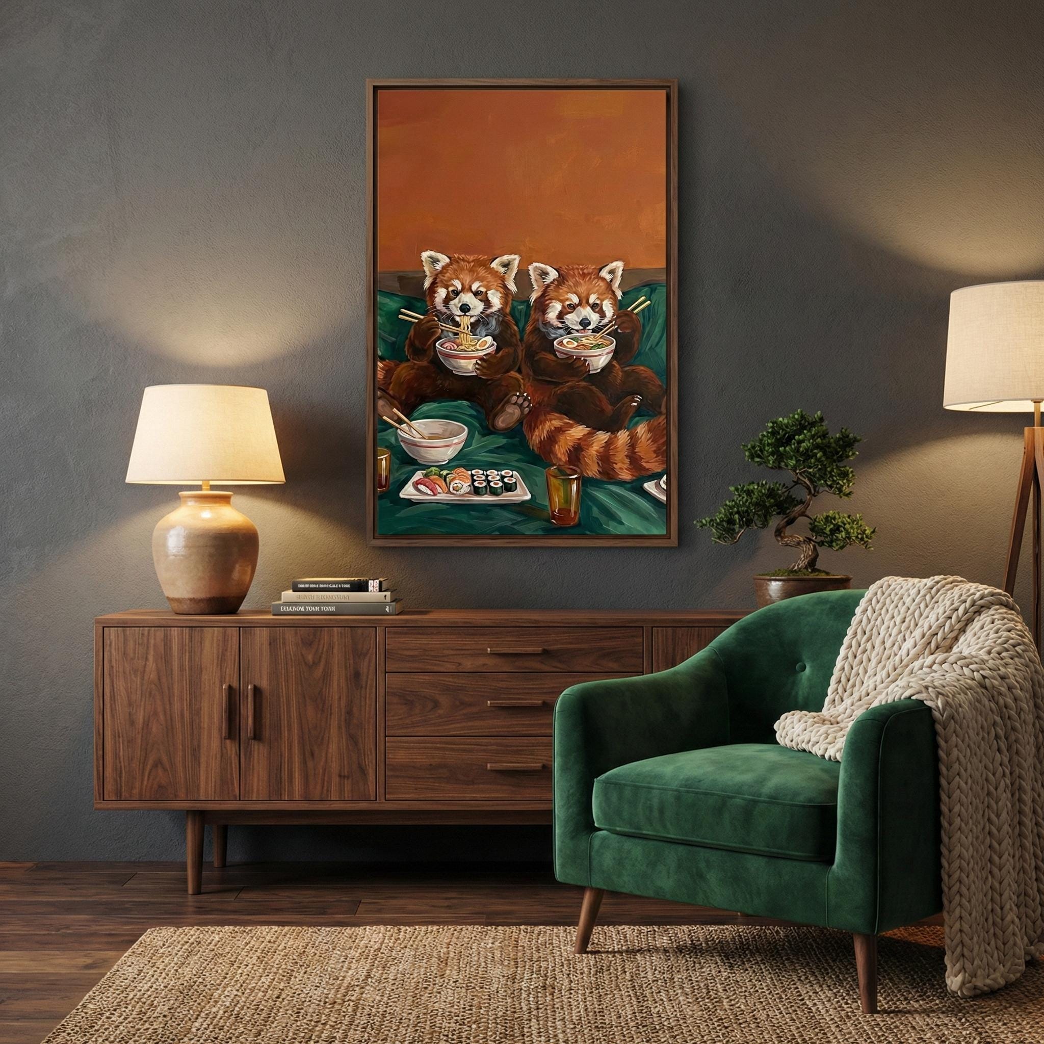 Funny Red Panda Wall Art: Cute Sushi Date - Cozy Kitchen Decor