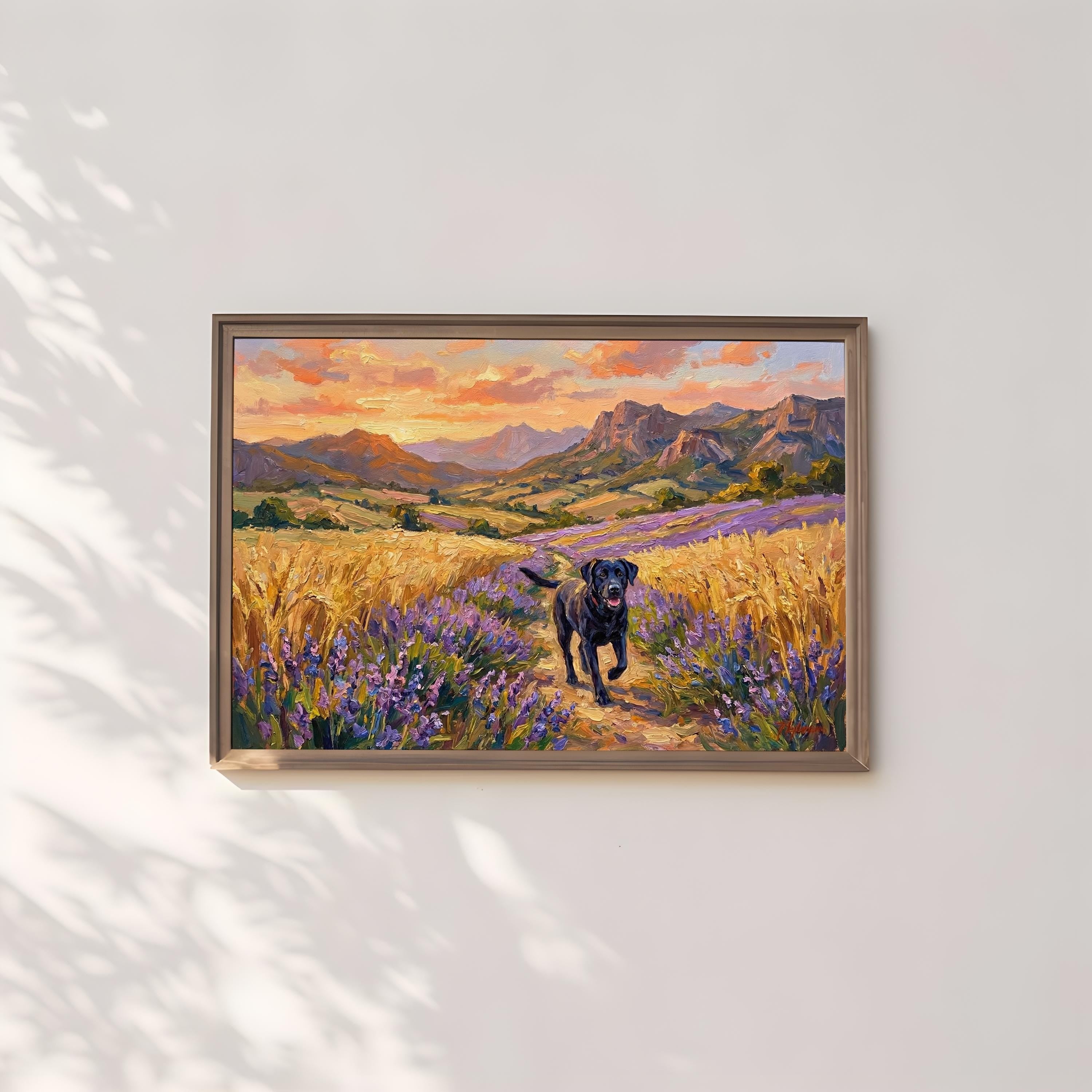 Black Labrador Canvas Art, Lavender & Wheat Field Landscape (Ready to Hang)