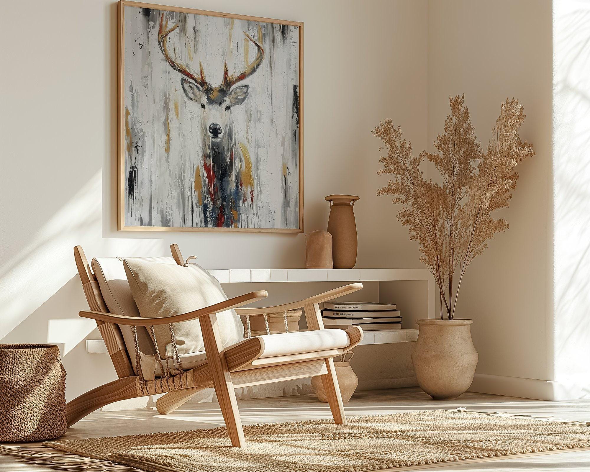 Serene Deer Canvas, Abstract Forest Art (Modern Wall Decor)