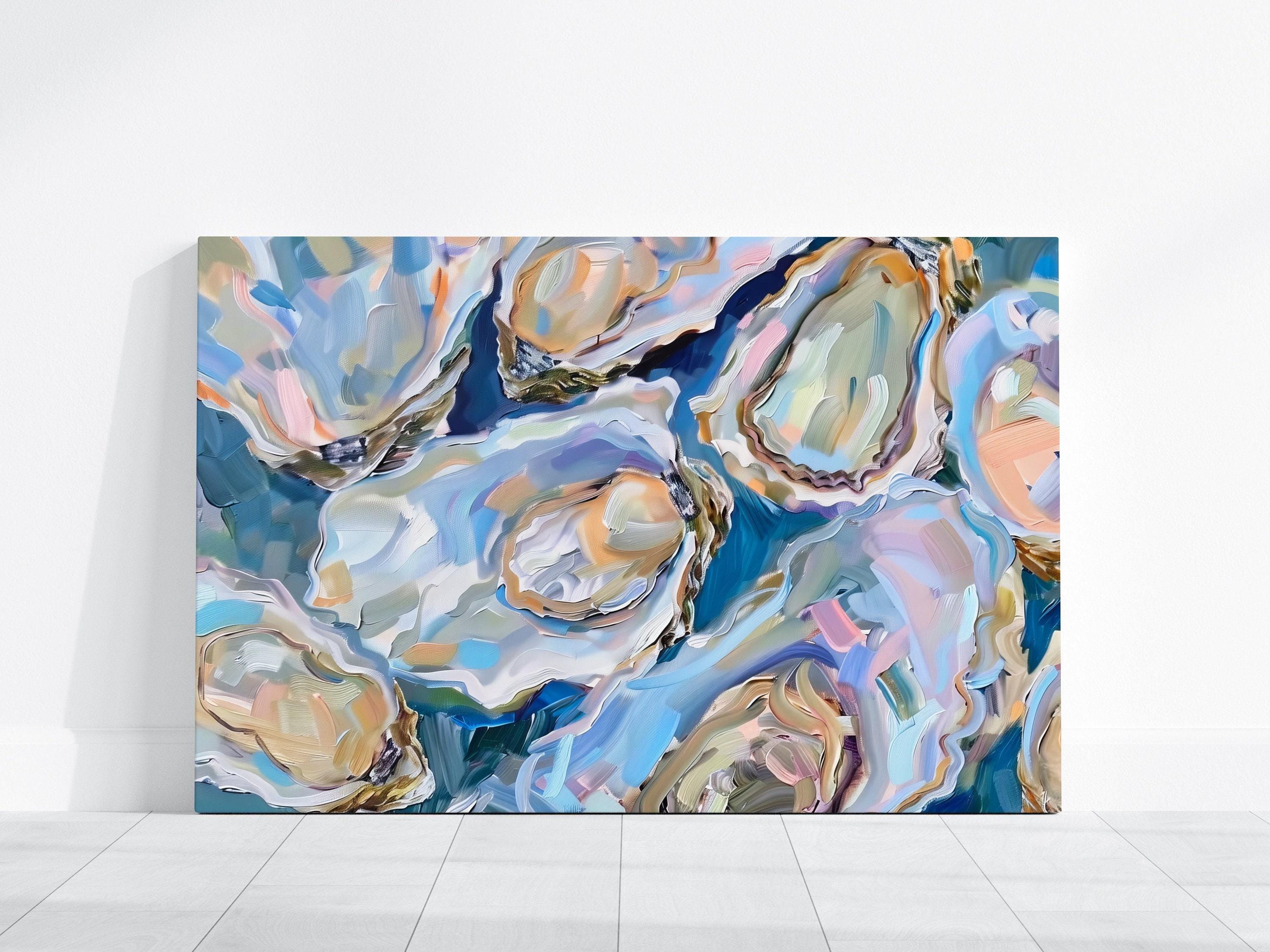 Oyster Delight Coastal Painting, Vibrant Blue (Canvas or Matte Print)