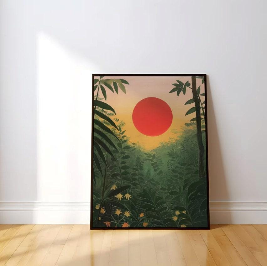 Tropical Forest Print: Red Sun Sunrise Landscape (Canvas or Framed)