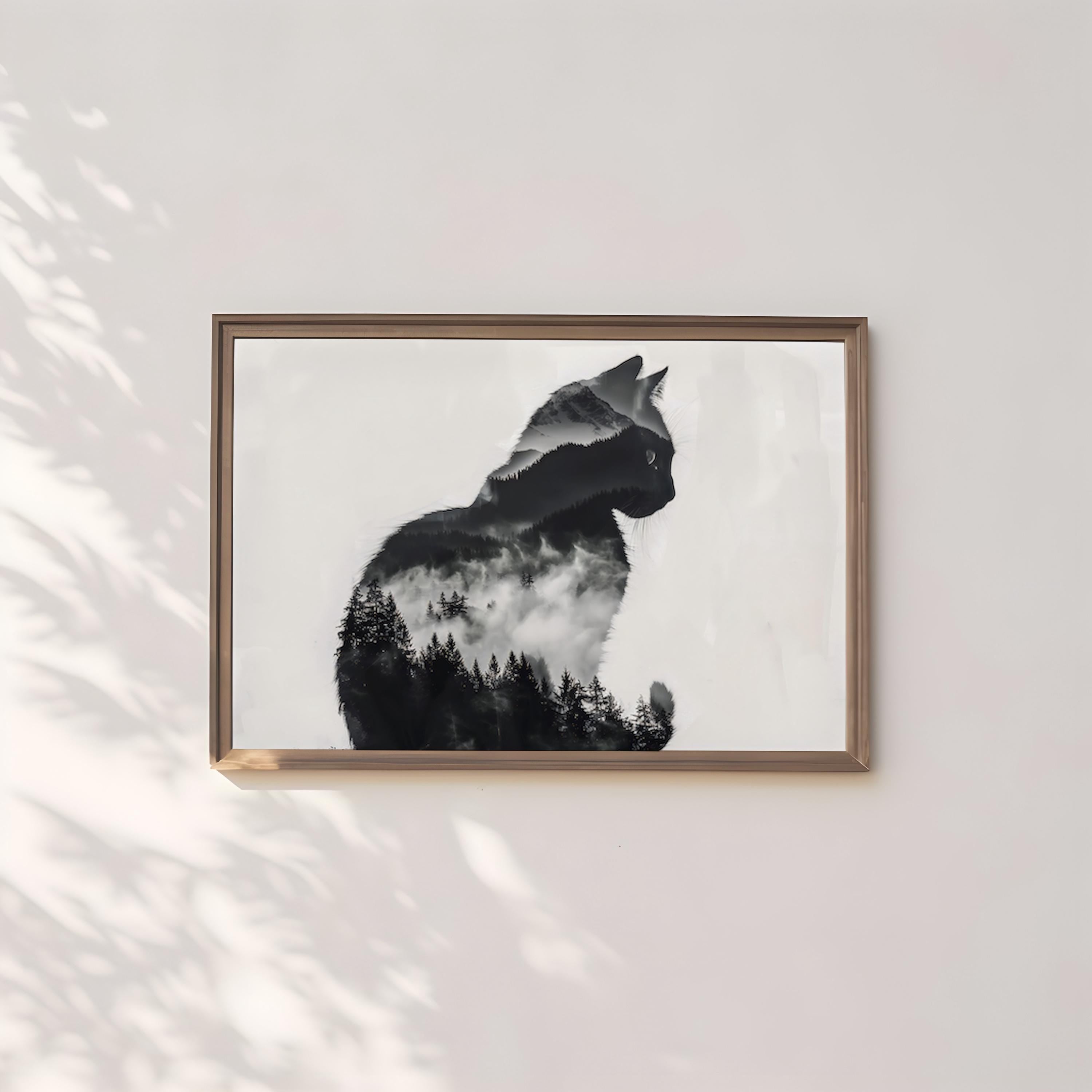 Mountain Soul: Surreal Cat & Forest Double Exposure Art | Mystical Black & White Decor