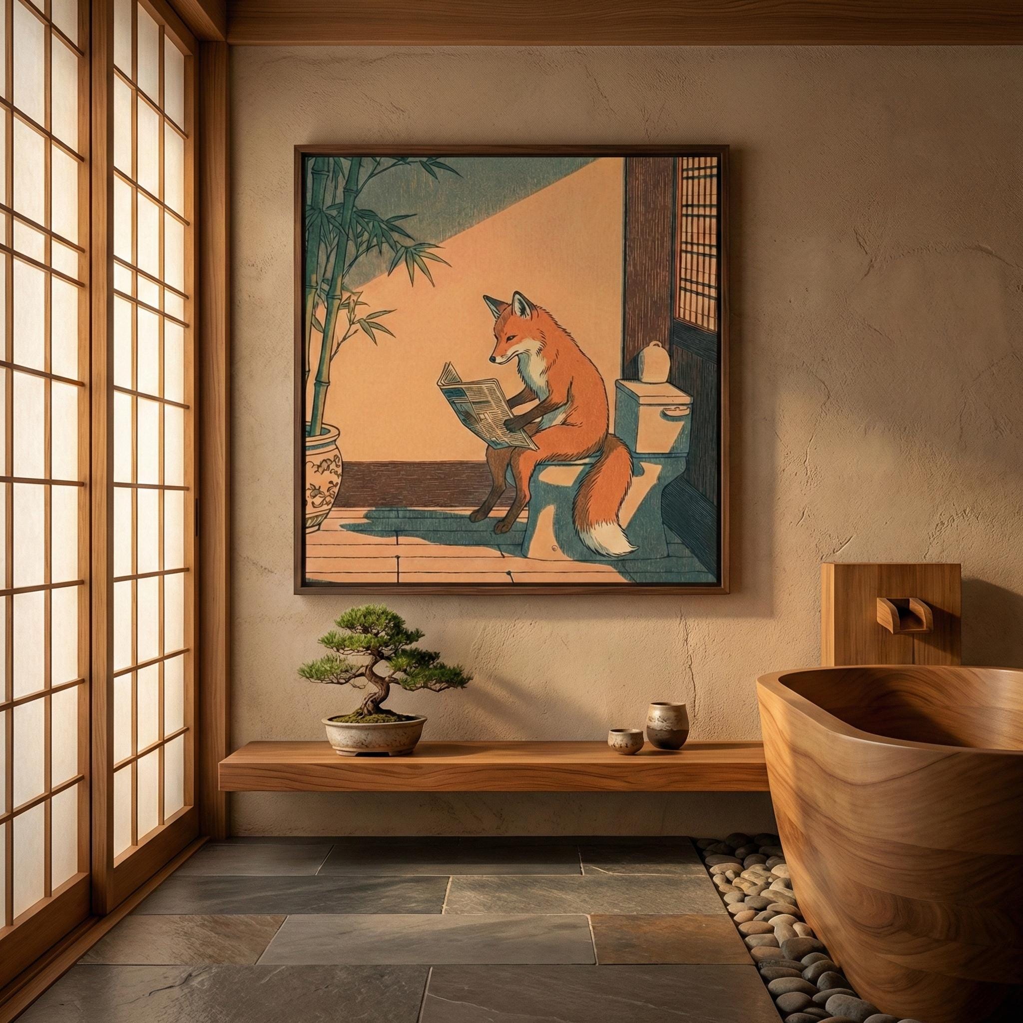 Bathroom Wall Art: Humorous Red Fox on Toilet - Ukiyo-e Style Print