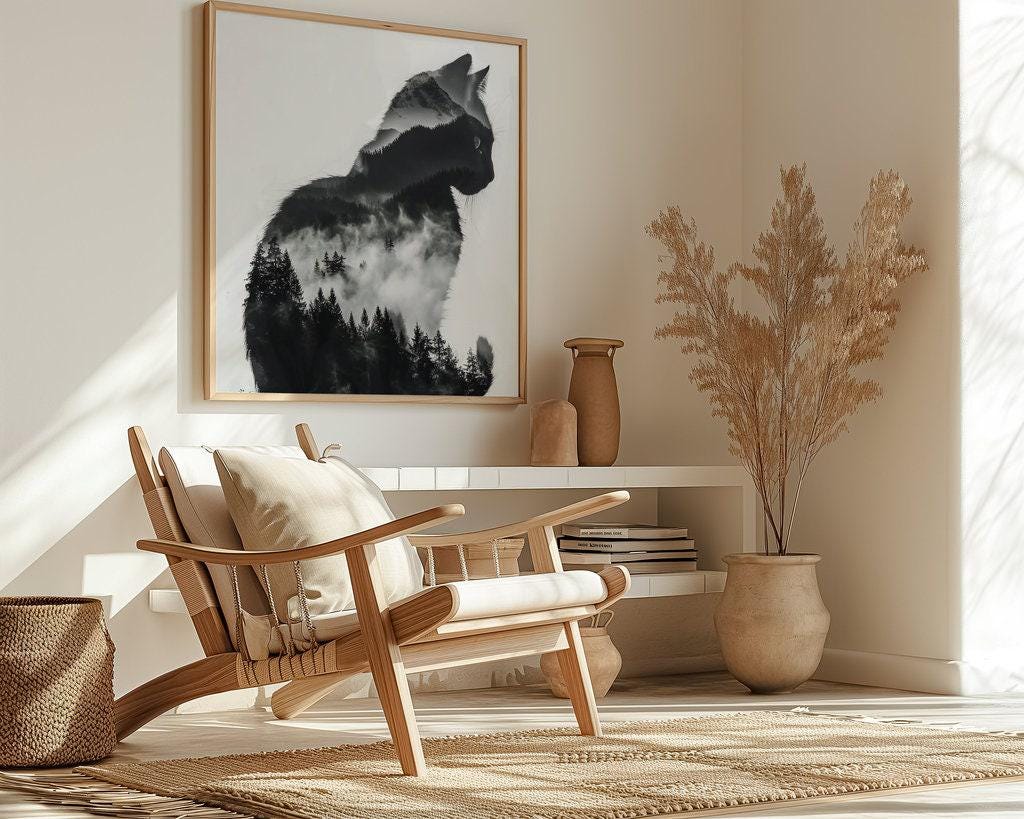 Mountain Soul: Surreal Cat & Forest Double Exposure Art | Mystical Black & White Decor
