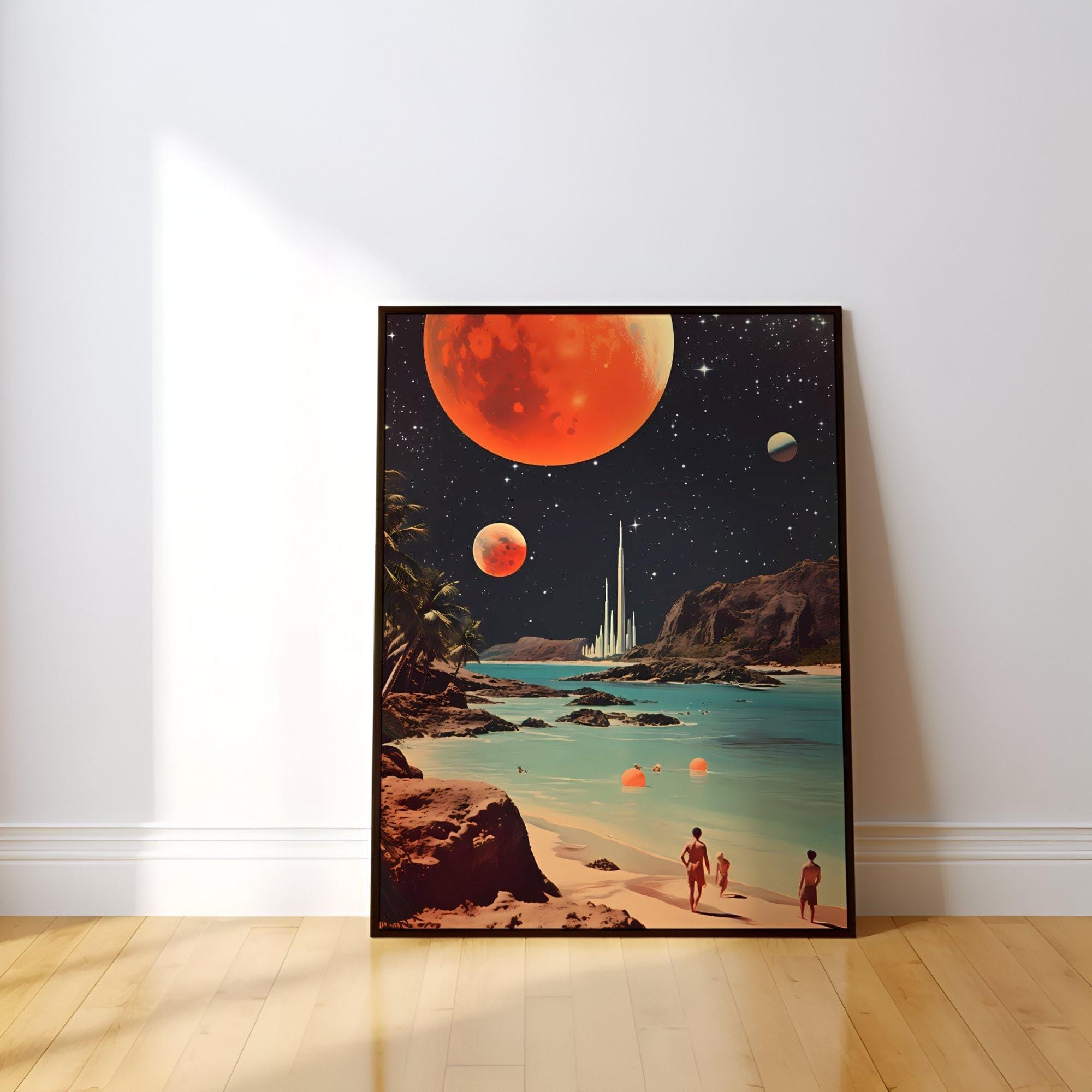 Space Beach Print: Sci-Fi Retro Art - Tranquil, Soft Hues