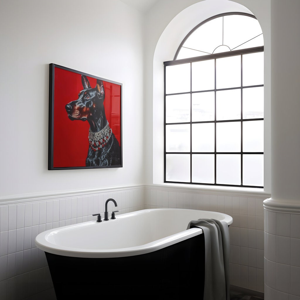 The Guardian: Black Doberman Pinscher Portrait with Red Gem Collar | Regal & Elegant Dog Art