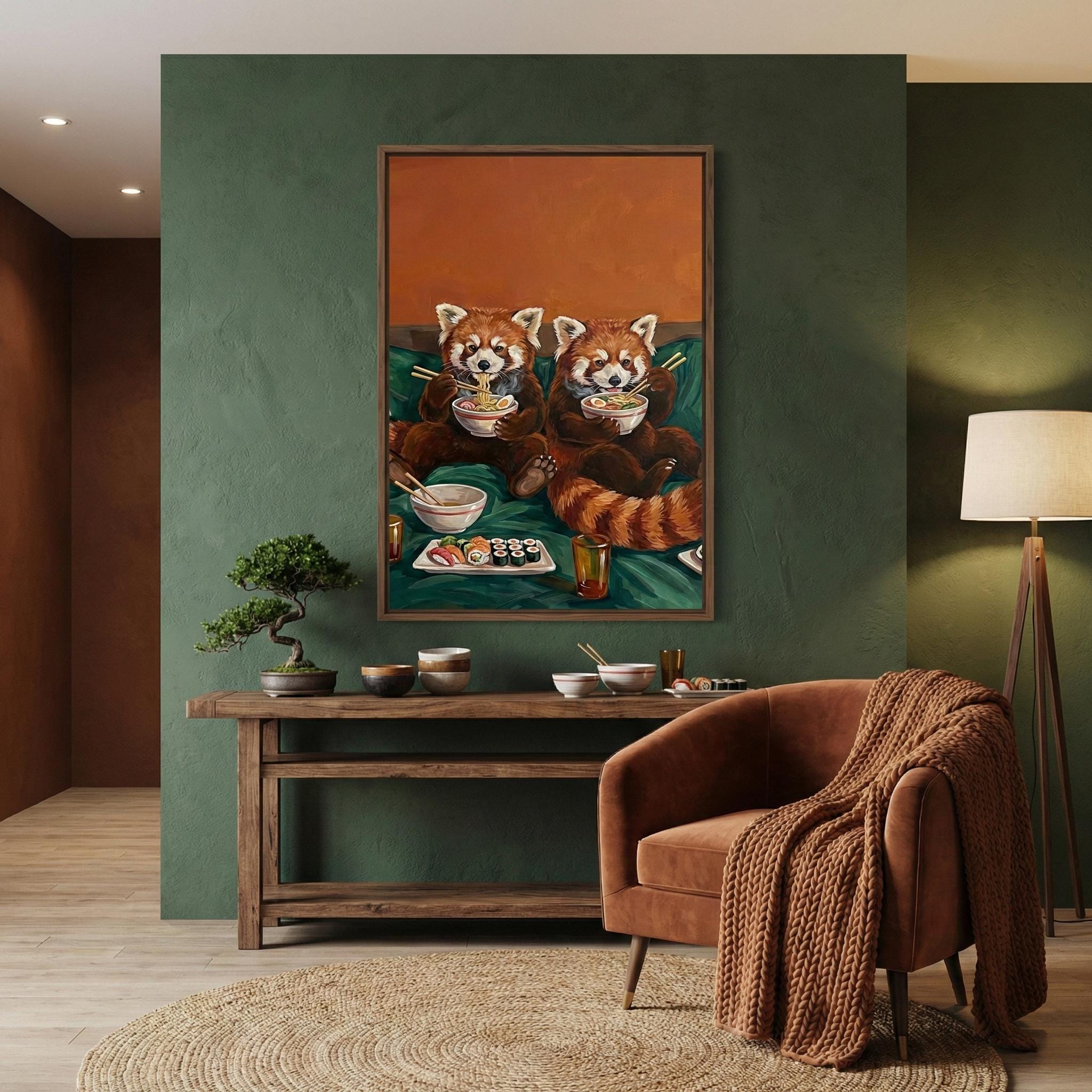 Funny Red Panda Wall Art: Cute Sushi Date - Cozy Kitchen Decor
