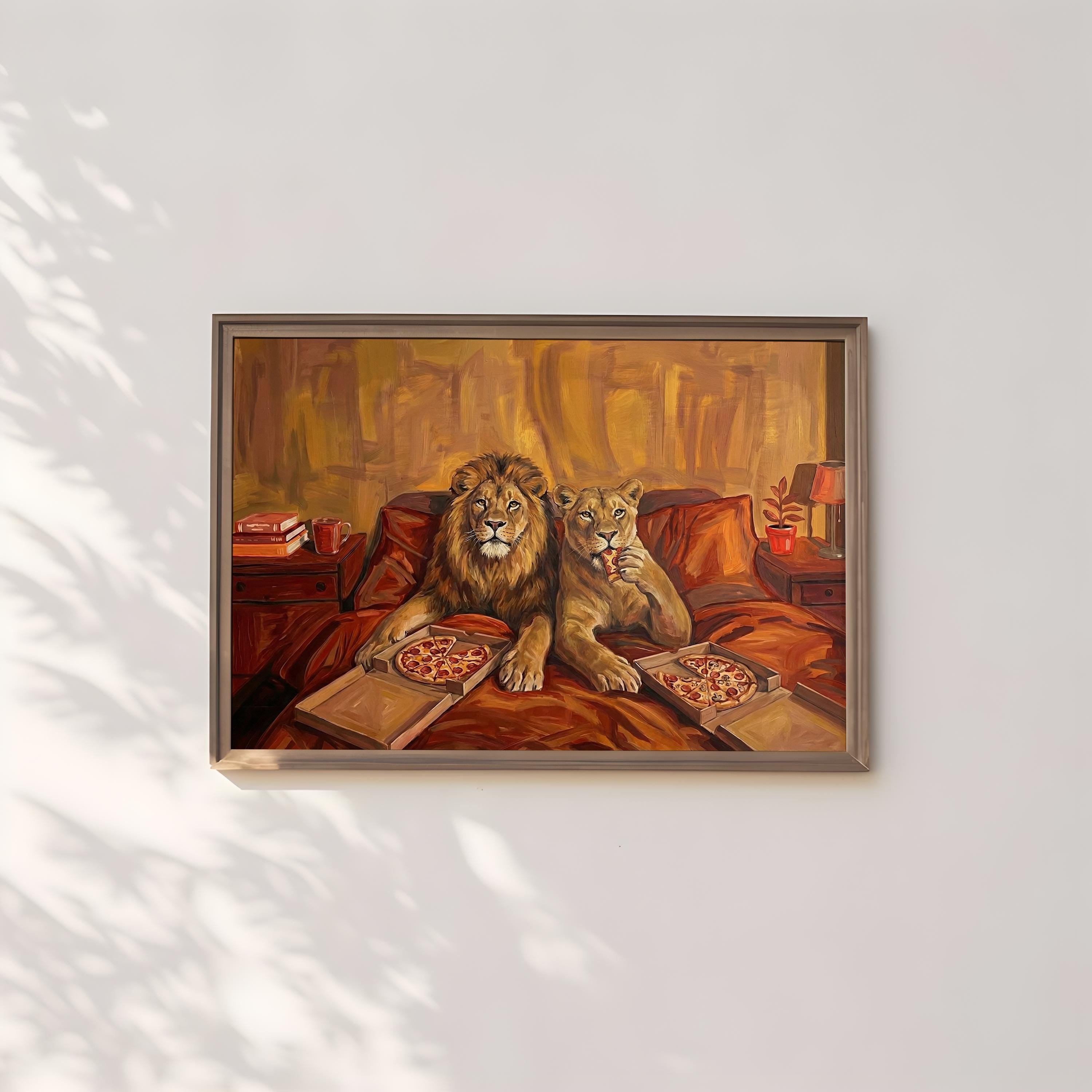 Lion Couple Wall Art: Cozy Surreal Pizza Date - Warm Tones