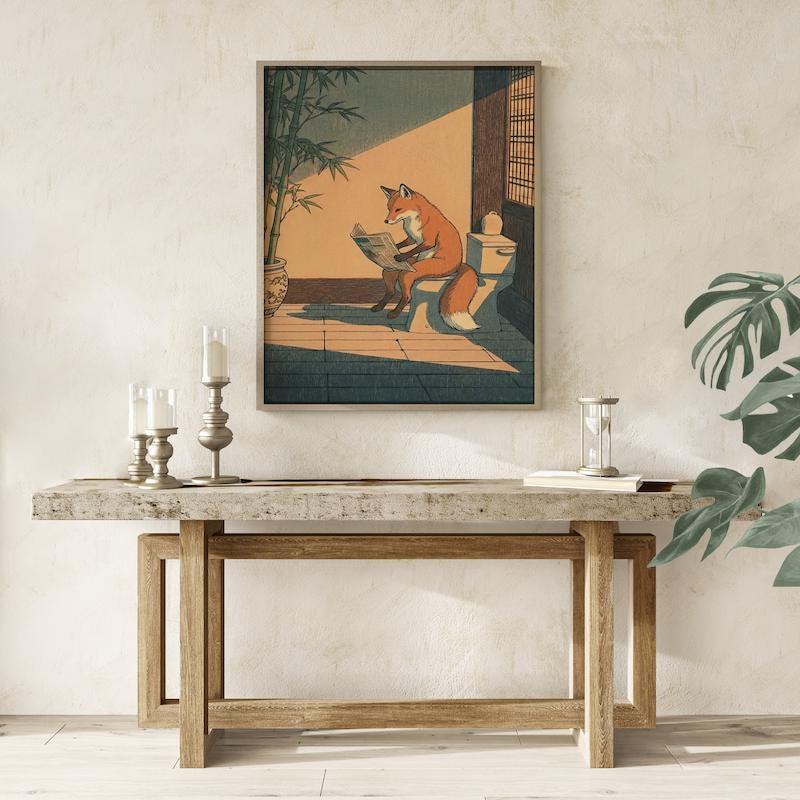 Bathroom Wall Art: Humorous Red Fox on Toilet - Ukiyo-e Style Print