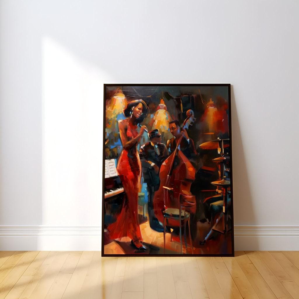 Jazz Club Serenade: Woman in Red Dress with Band Art | Soulful & Vibrant Music Decor