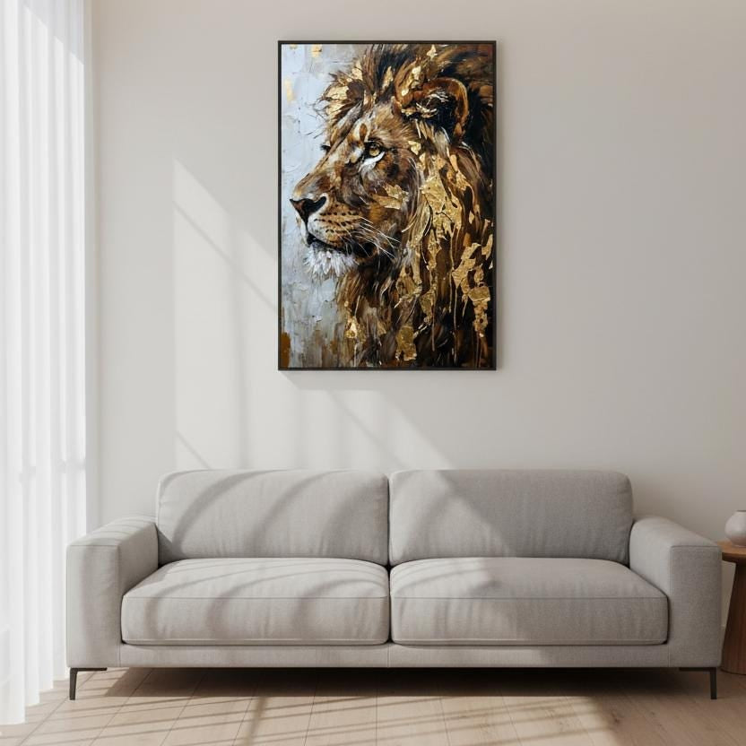a large, framed painting of a lion's head hanging on a white wall in a living room.