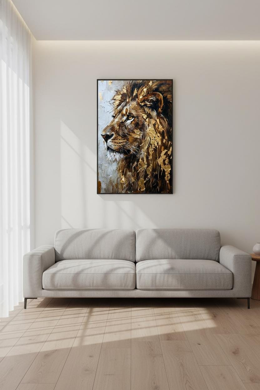 a large, framed painting of a lion's head hanging on a white wall in a living room.