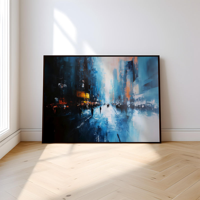 Temporal Impressionism Cityscape – Hand Painted Abstract Urban Life Artwork in Persian Blue