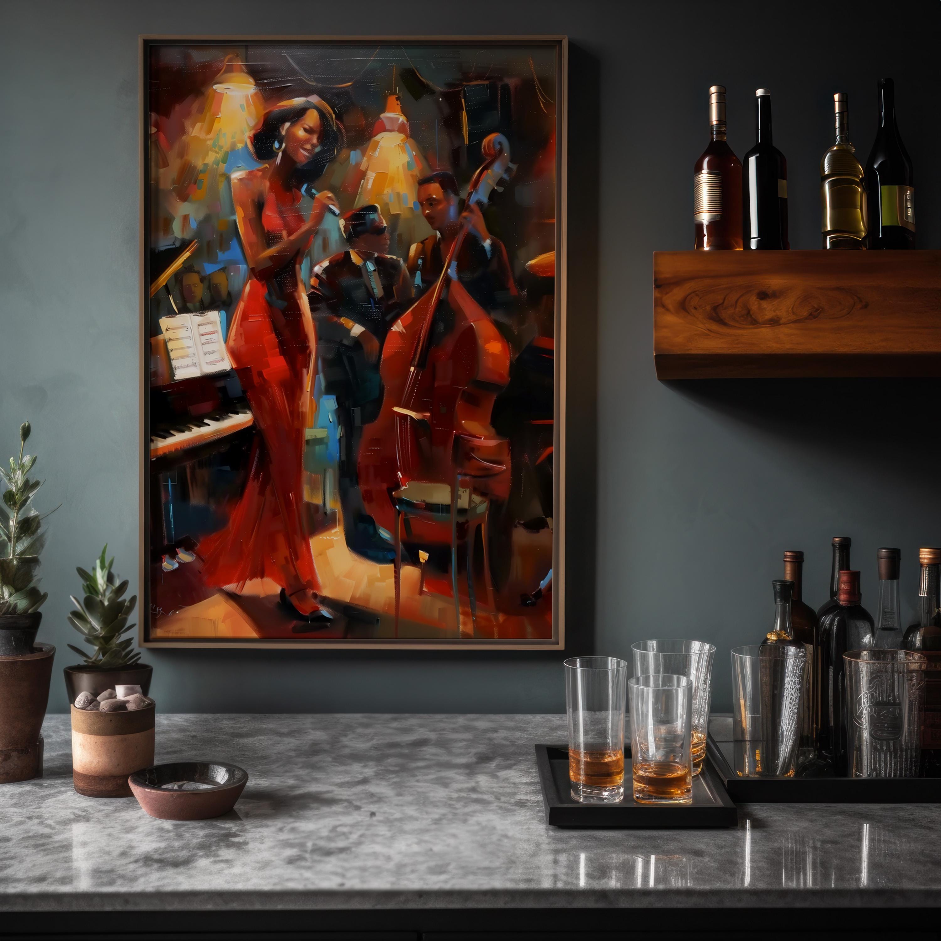 Jazz Club Serenade: Woman in Red Dress with Band Art | Soulful & Vibrant Music Decor
