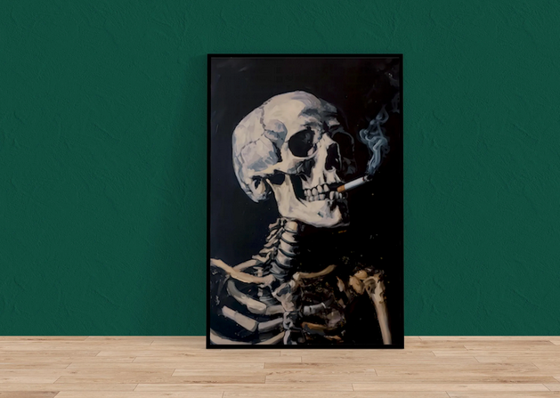 A framed painting of a skeleton smoking a cigarette against a dark background.