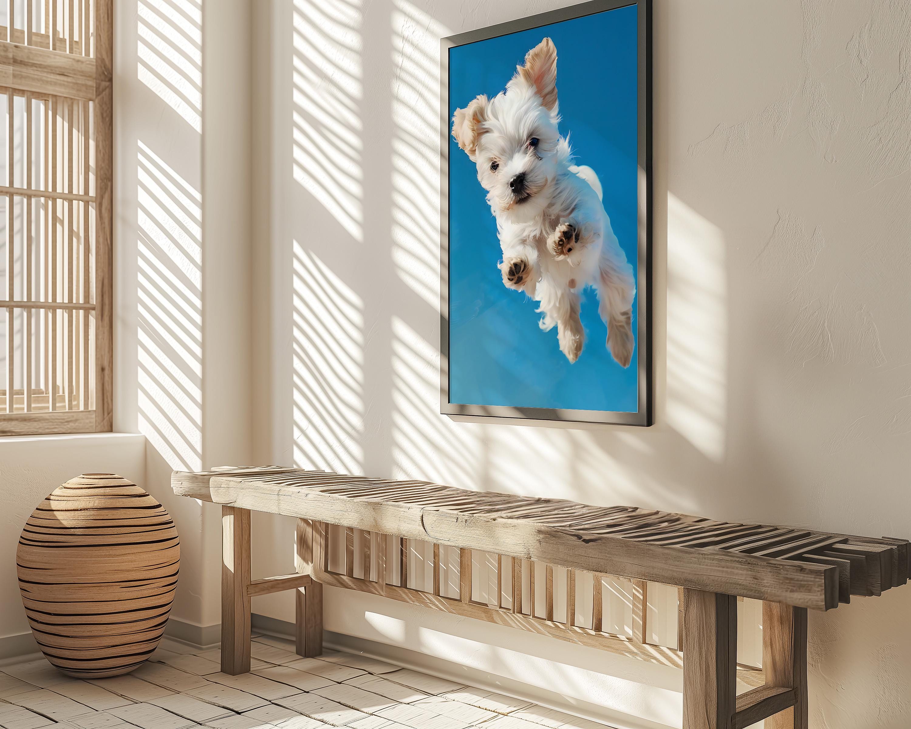 The Leap: Joyful Fluffy White Dog Art Print | Playful & Vibrant Pet Portrait Decor