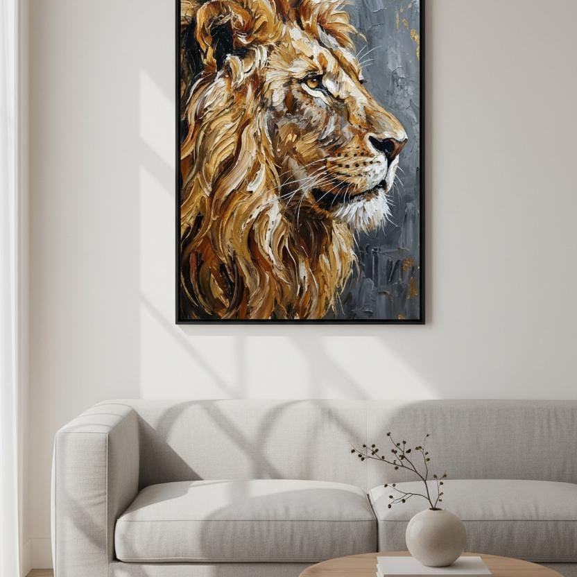 a large, vibrant painting of a lion's head hanging on a wall in a living room.