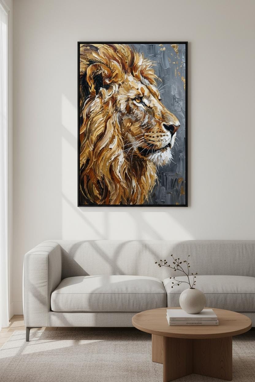 a large, vibrant painting of a lion's head hanging on a wall in a living room.