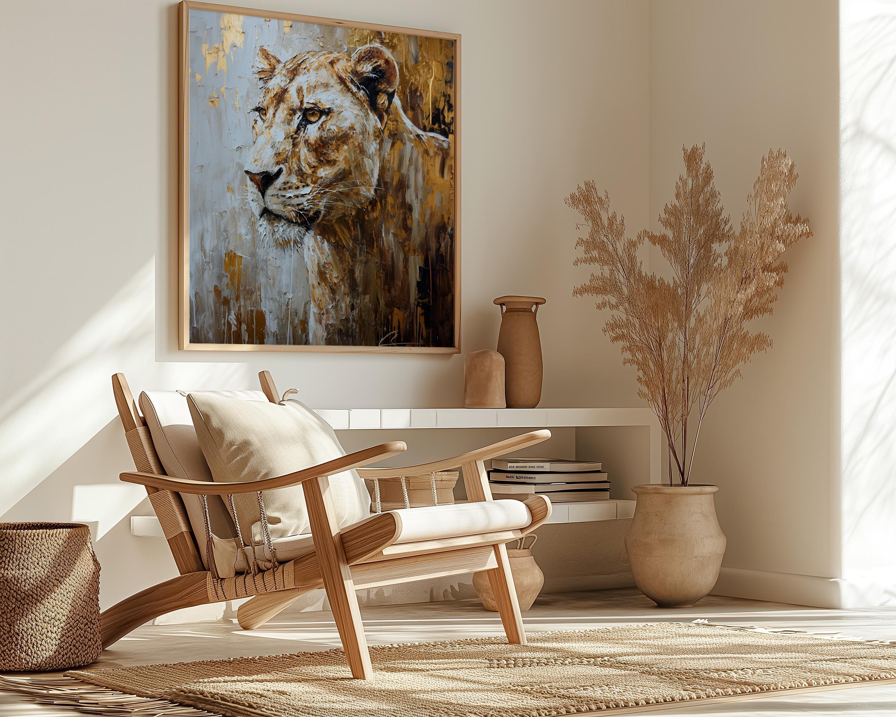 Lioness Wall Art: Graceful Wild Spirit in Gold (Canvas or Print)