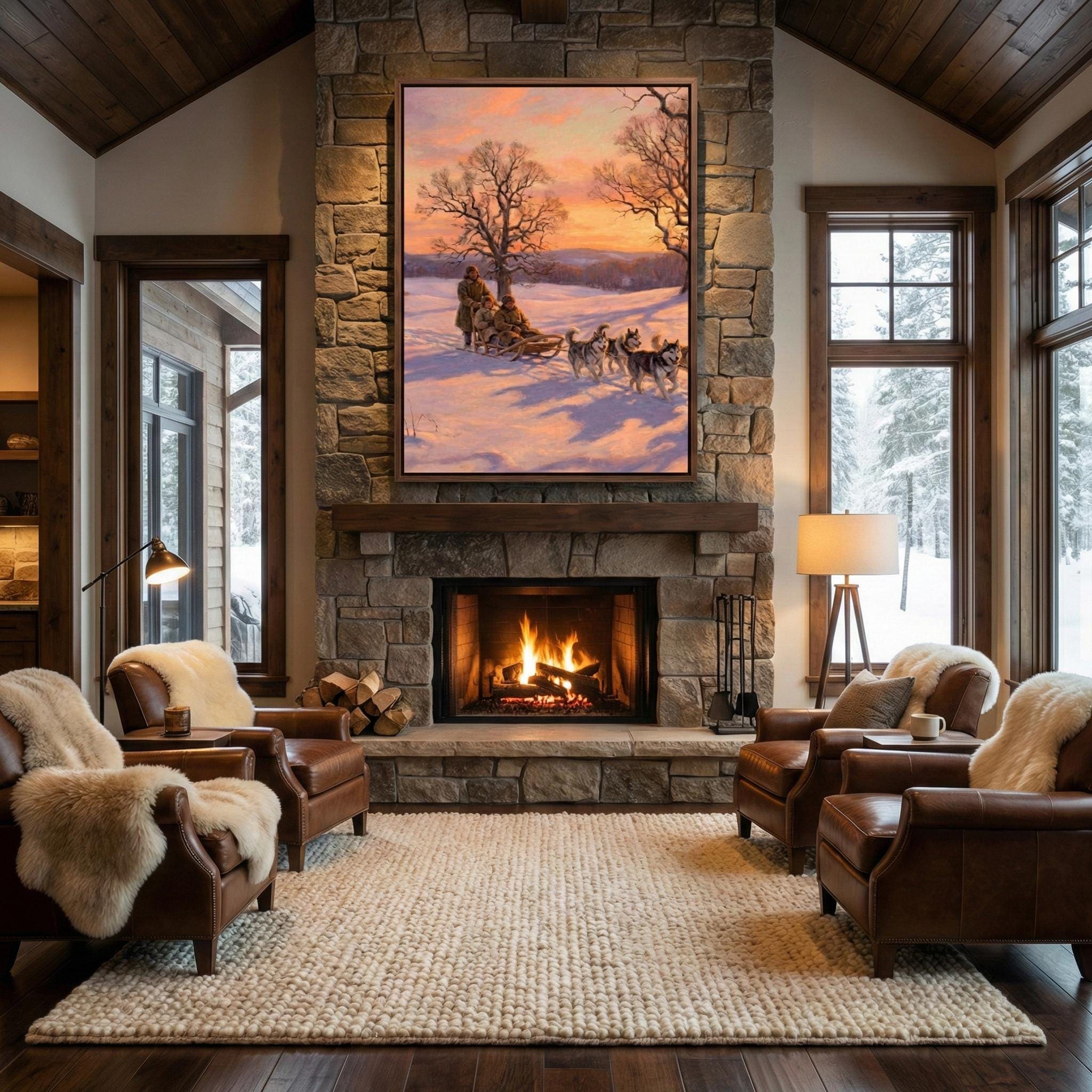 Winter Sunset Canvas, Snowy Forest Landscape (Rustic Holiday Wall Art)