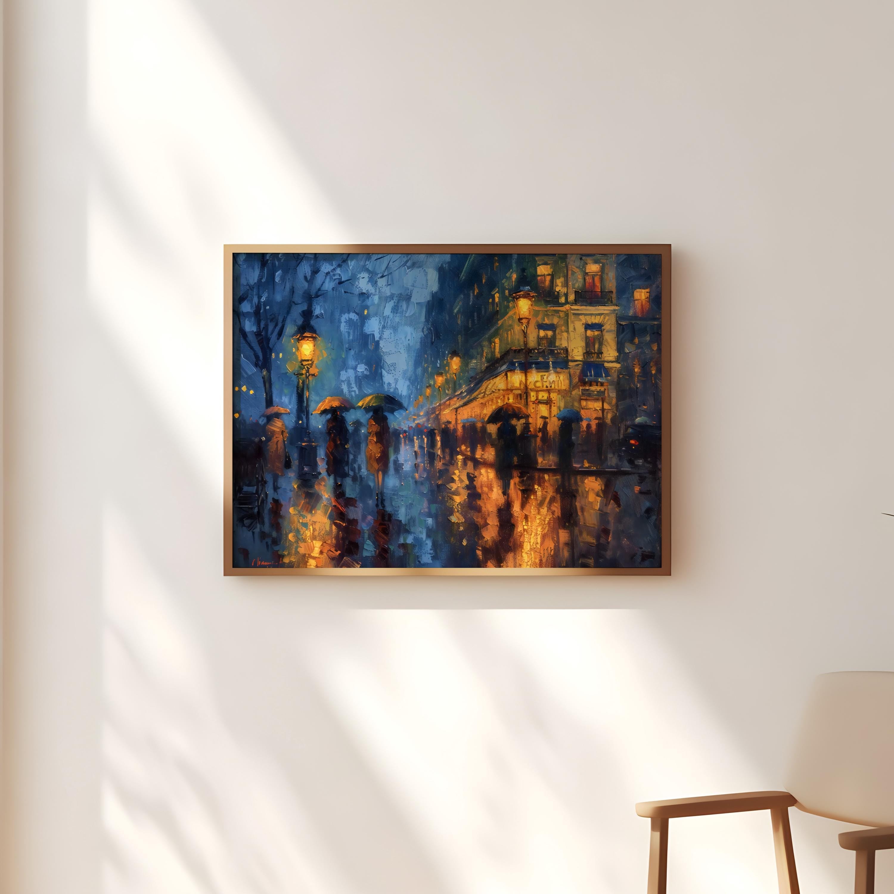 The Golden Street: Impressionist Rainy City Night with Umbrellas | Moody & Romantic Wall Art