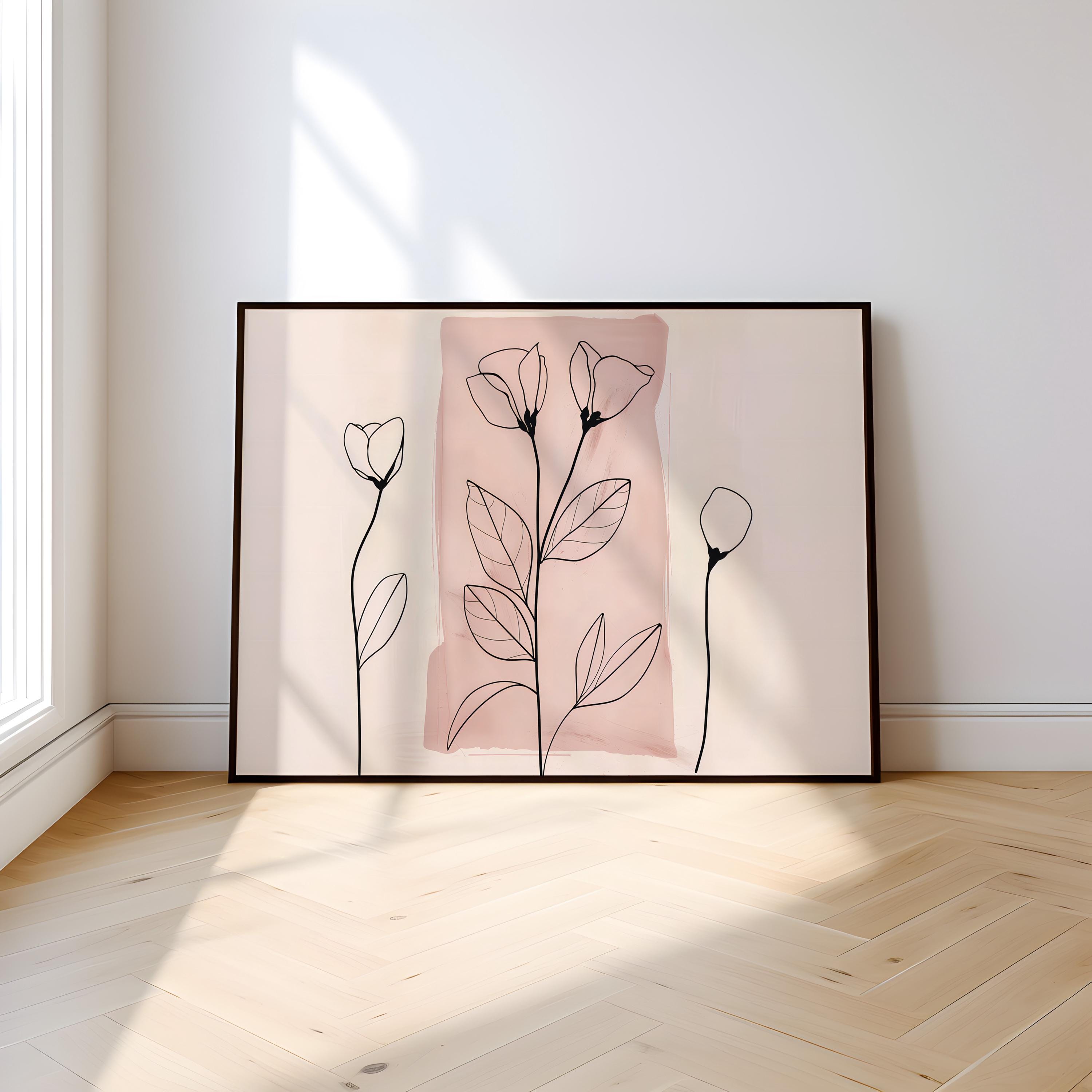 Blushing Botanicals: Elegant Pink Line Art Print | Chic & Minimalist Floral Wall Decor