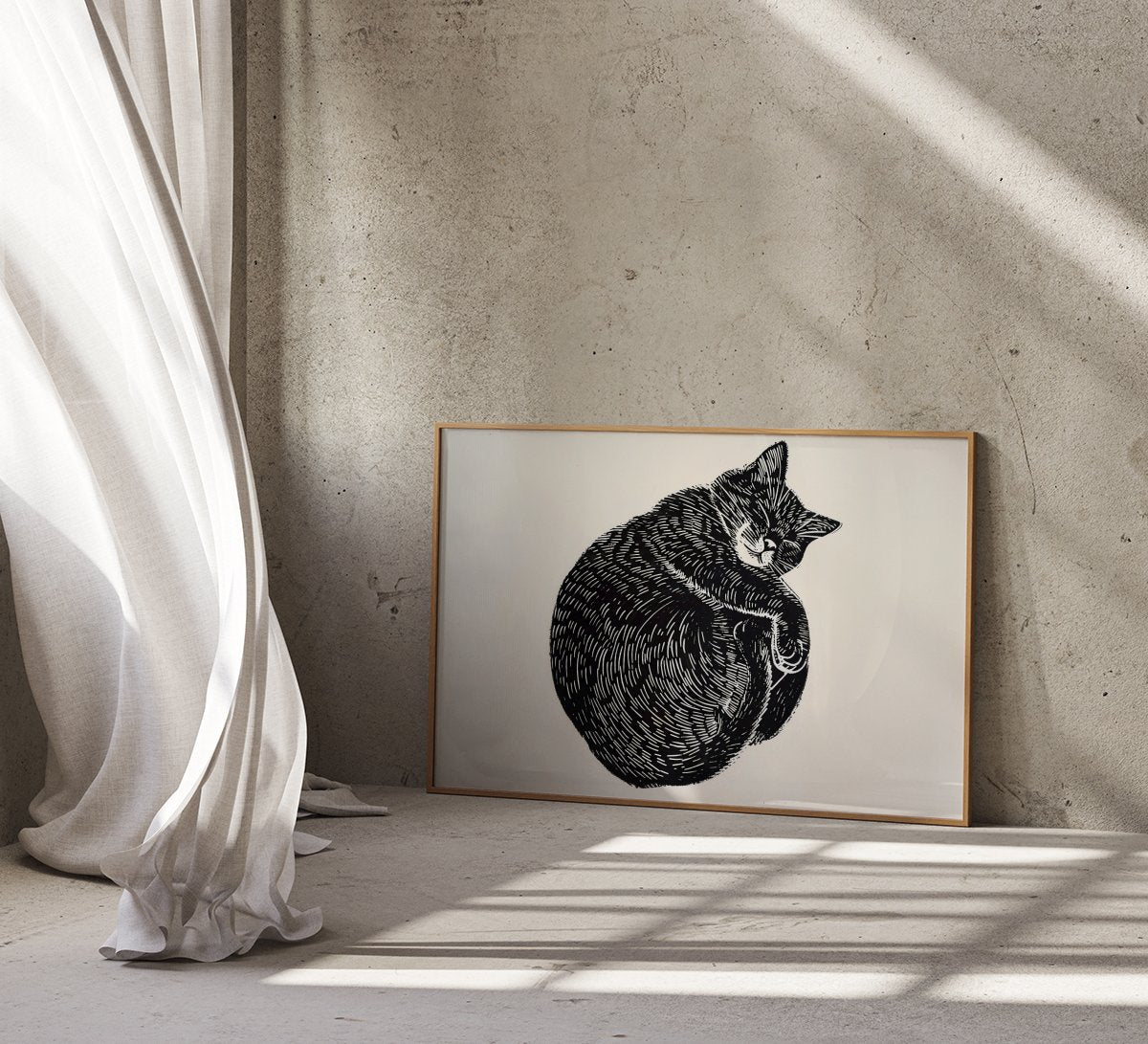 Peaceful Cat Nap: Whimsical Linocut Art Print | Cozy & Serene Wall Decor for Cat Lovers