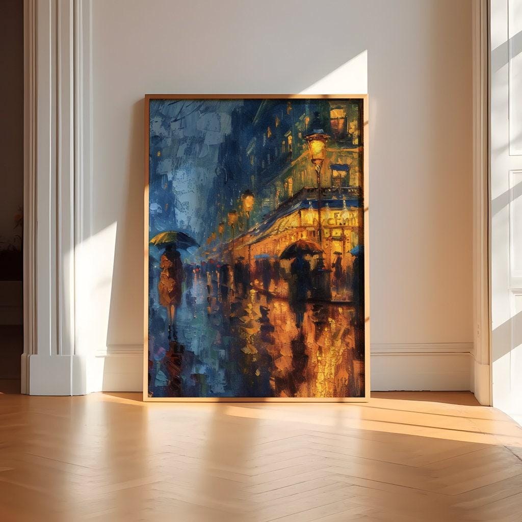 The Golden Street: Impressionist Rainy City Night with Umbrellas | Moody & Romantic Wall Art
